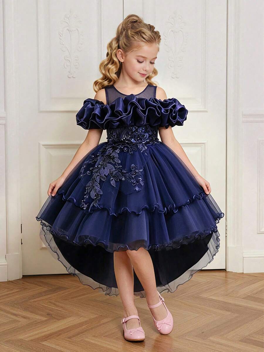 Young Girls Off-Shoulder Applique Mesh Satin Elegant Trailing Birthday Party Dress Suitable For Ball, Evening Party, Piano Performance, Wedding, Headband Not Included - Navy Blue - View 1