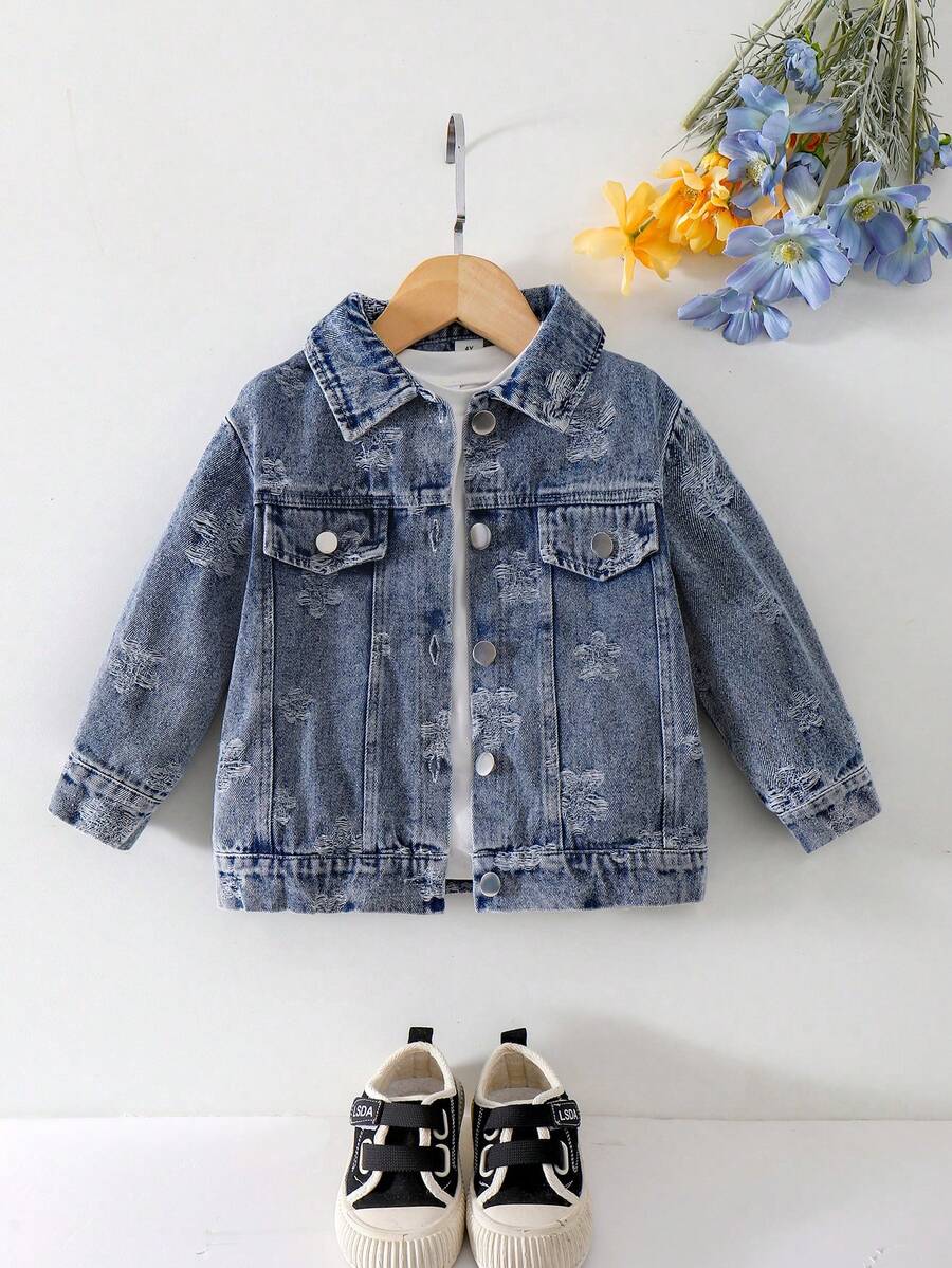 1pc Girls' Elegant Floral Pattern Decorated Faux Pocket Design Long Sleeve Jacket, Autumn - Medium Wash - View 1