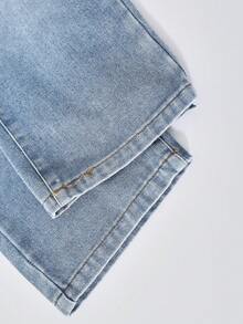 Young Girl Elastic Waist Pocket Casual Straight Leg Denim Jeans - Blue - View 5