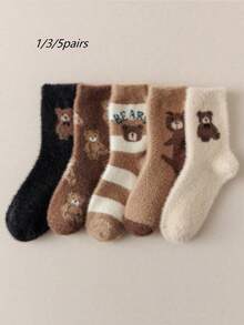 1/3/5 Pairs Randomly Shipped Women's Multi-Color Plush Bear Pattern Comfortable Thick Warm Home Mid-Calf Socks - Multicolor - View 7