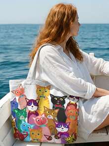 1/2pcs Cartoon Cat Line Art Print Corduroy Large Capacity Open Top Tote Bag, Holds Books Daily Essentials For Student School Shopping Daily Travel - Multicolor - View 15