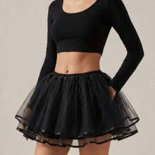 White & Black Cute Boneless Women's Petticoat Ballet Skirt With Ribbon Halloween - Black - View 1