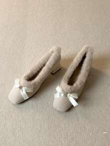 Women's Square Toe Fuzzy Low Vamp Mary Jane Shoes With Bow, Rhinestone, Chunky Heel, Thermal Lining, Gentle Style, Autumn/Winter - Apricot - View 11