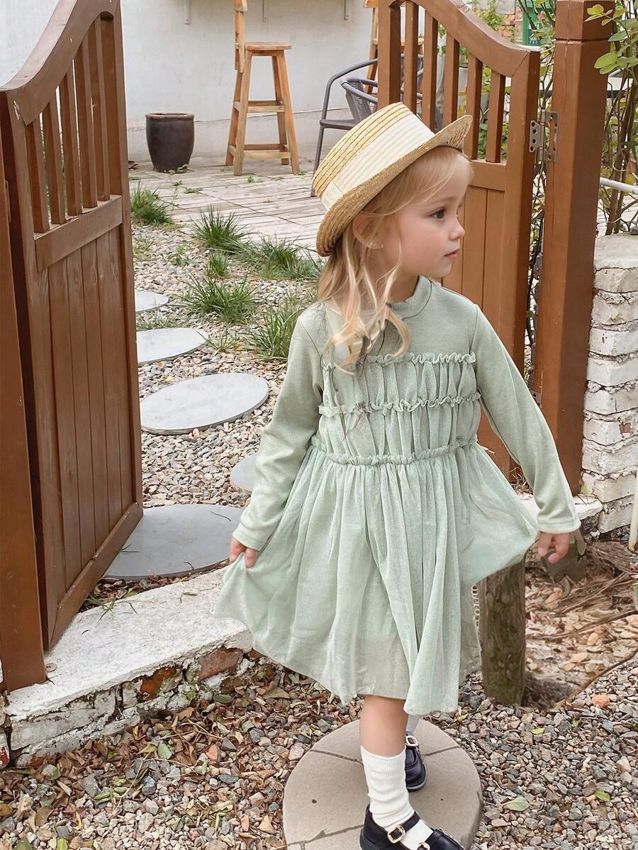 Girls' Autumn Shiny Mesh Flowy Long Sleeve Casual A-Line Dress - Green - View 1