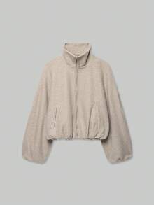 ACKCER Women's Autumn/Winter Stand Collar Zipper Drop Shoulder Elastic Hem Loose Short Wool Blend Jacket - Beige - View 2