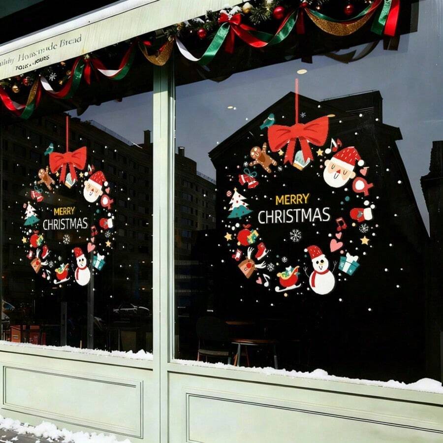 1pc 45cm X 45cm Christmas Window Sticker, Static Cling Decal With Snowman, Santa Claus, Bow, Christmas Tree, Socks Design, Suitable For Home, Bedroom, School, Restaurant, Office - View 1