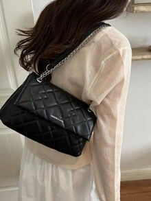 Tas Bahu Model Flap PU Warna Polos, Tali Rantai Logam, Cocok untuk Wanita Berbelanja, Kencan, Hadiah, dan Penggunaan Sehari-hari - Hitam - View 4