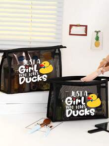 Vigour Summer 可愛鴨子化妝包，印有「Just A Girl Who Loves Ducks」字樣－黃色與白色鴨子圖案，盥洗包，送給喜愛鴨子的人的禮物，適合通勤、返校、旅行 - 彩色 - 查看 5