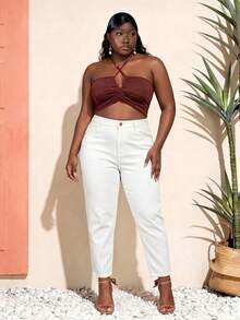 Plus Size White Vintage Mom Style Short Denim Jeans, Non-Stretch, With Pockets And Zipper, Casual Everyday - White - View 4