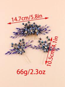 Navy Blue Rhinestone Handmade Exquisite Hair Comb & Hairpin Set, Bridal Updo Hair Comb, U-Shaped Hairpin, Evening Party Headpiece, Wedding, Festival, Ball Gown Styling Accessory - Ink Blue - View 3