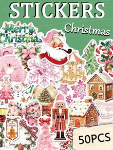 50pcs Pink Christmas Stickers Handbook Laptop Phone Case Luggage Guitar Decorative Stickers - one-size - View 9
