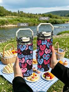 Valentine 1pc/5pcs 30oz Colorful Cartoon Heart Pattern Insulated Stainless Steel Travel Mug With Handle And Flip Lid, Portable Large Capacity Reusable Water Cup For Camping, Iced Coffee - Multi-color Cartoon Heart - View 7