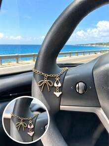 1pc Bowknot Decorated Steering Wheel Charm, Gold Chain White & Pink Bikini Enamel Pendant, Cute Car Interior Accessory Gift For Women & Girls - A - View 7