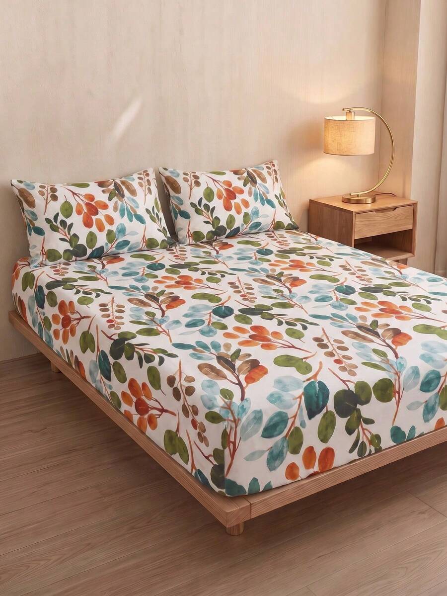 1Pc Classic Hand Drawn Tree Branch Leaves Pattern Fitted Sheet,Mattress Protector, Mattress Cover For Bed, Bed Sheet, Soft Breathable, For All Size Bed -Twin, Full, King, Queen Size Sheet Deep Pocket Up To 11.8 Inch Back School Dorm Bedding Sheet - Multicolor - View 1