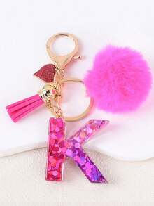 1pc Letter Keychain With Heart Pendant, Cute Rose Red Pom Pom Tassel Key Chain Decoration - Multicolor - View 35