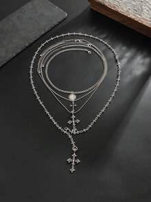 4pcs Gothic Punk Cross Pendant Necklace, Long Metal Chain Necklace Set, Can Be Worn Separately Or Layered, Men's Unique Charm Jewelry, Holiday Gift - Antique Silver - View 5
