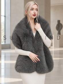 1pc Women's Solid Color Fashion Polyester Faux Fur Shawl, Suitable For Bridal, Evening Party And Autumn/Winter Daily Wear - Dark Grey - View 3