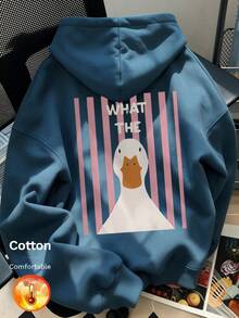 Men's Fleece Hoodie With Duck Print And Vertical Stripes, "WHAT THE" Text, Y2K Style, Autumn/Winter - Cow Blue - View 2