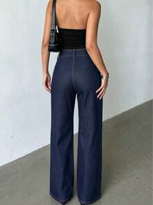 Women's Elegant Casual Dark Wash Straight Leg Jeans, Slightly Stretchy Vintage Long Pants, - Dark Wash - View 5