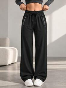 Women Black Wide Leg Sweatpants Zipper Pockets Drawstring Elastic High Waist Loose Fit Casual Athletic Lounge Pants - Black - View 3