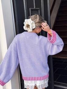 Women's Loose Knit Pullover Sweater Long Sleeve, Contrast Stripe Detail, Suitable For Spring And Autumn Wear - Purple - View 3