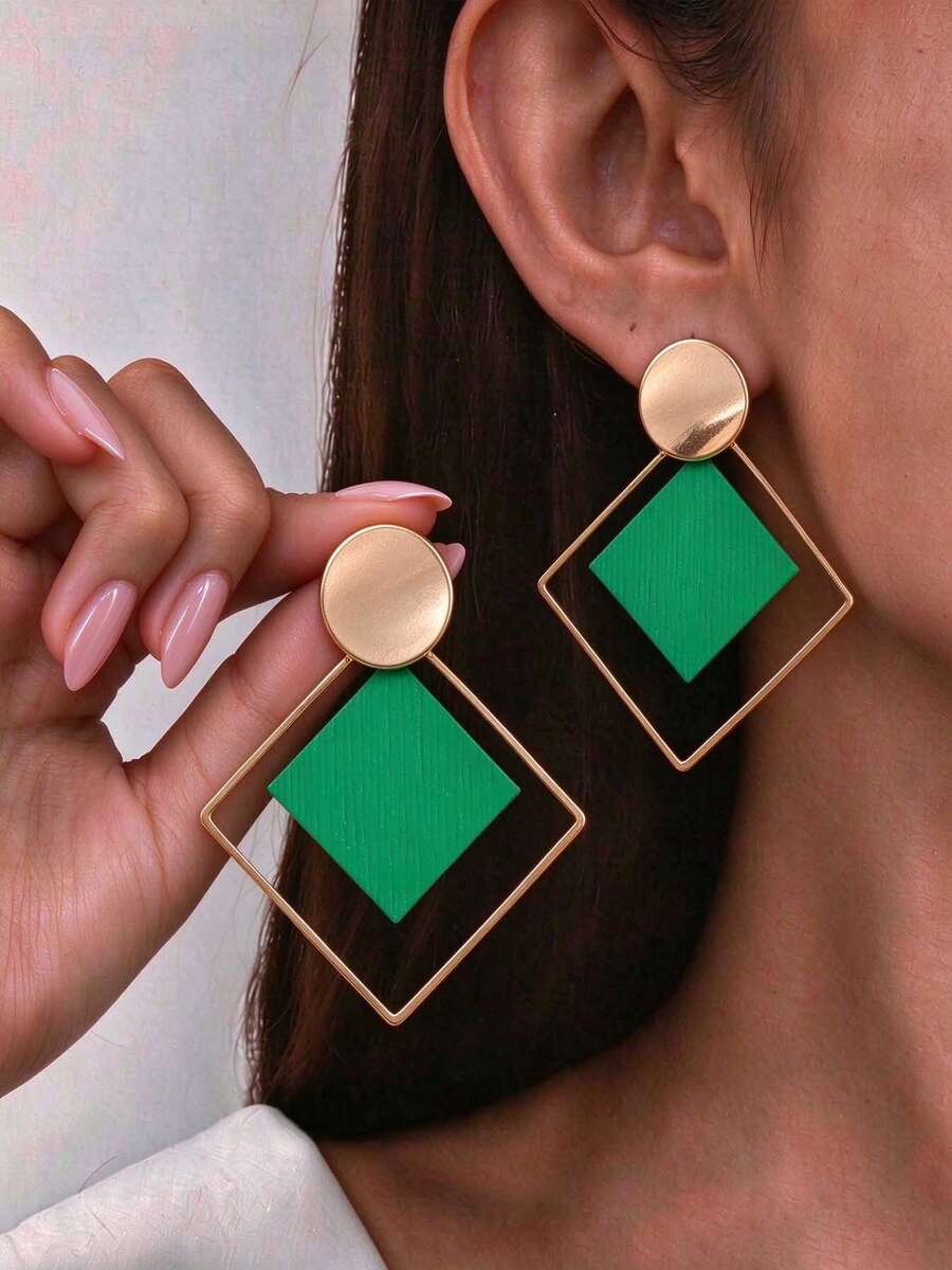 imoli 1 Pair Vintage Geometric Square & Round Metal Hoop Earrings For Women, Creative Gift For Dates - 9814-4-green - View 1