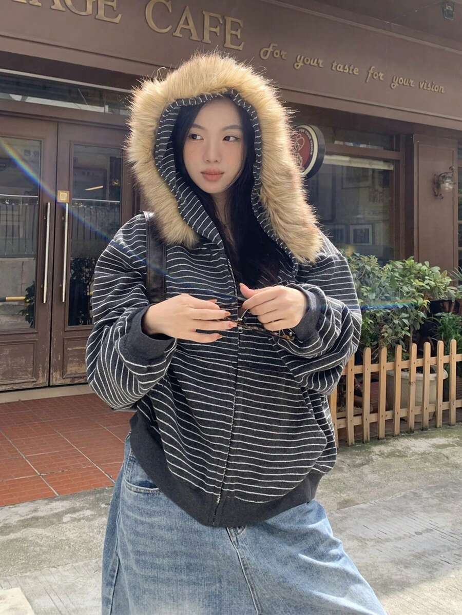 Autumn/Winter American Style Lazy Loose Hooded Striped Brushed Fleece Zip-Up Jacket With Fur Collar - Grey - View 1