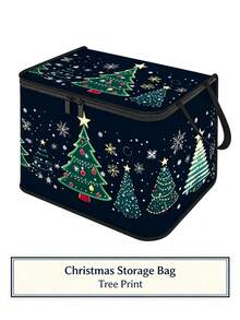 Open-Top Rustic Christmas Tree Storage Basket, Hand-Painted Pine Tree, Snowflake And Star Pattern, Red Black Silver Color Scheme, Vintage Winter Holiday Design, Foldable With Handle Storage Bin, Home Organization Use - Multicolor - View 14