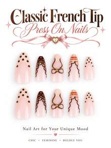 24Pcs Fall Thanksgiving Press On Nails,Medium Almond Shape,Nude Pink Base,Hand‑Painted Black Bow,Lace Line,Polka Dot & Plaid Detail Reusable False Nails - Brown - View 2