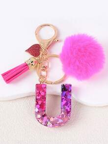 1pc Letter Keychain With Heart Pendant, Cute Rose Red Pom Pom Tassel Key Chain Decoration - Multicolor - View 22