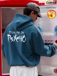 Autumn/Winter Men's Fleece Hoodie "Trust Me I'm Psycho" Back Print Y2K Style - Cow Blue - View 10
