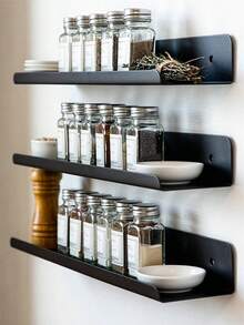 2Pcs Minimal Black Metal Floating Wall Shelf, One‑Piece Iron Wall Mount Display Rack, Raised Lip Edge Storage Shelving For Bedroom Bathroom Kitchen Home Decor - Multicolor - View 5