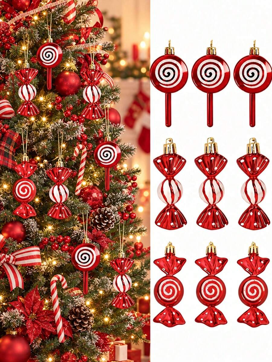 6pcs Christmas Candy Decor Set, Christmas Lollipop Hanging Ornaments, Plastic Lollipop Pendants Can Be Hung On Christmas Tree, With Gold Ribbon, Suitable For Christmas Party Decoration And Home Gathering Scene - Multiple Styles - View 1