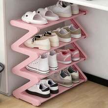 4-Tier Large Z-Shaped Shoe Rack, Easy Assembly Without Tools, Pink Plastic Stackable Storage Rack, Suitable For Home, Dorm And Living Room, Space-Saving Floor Design, Shoe Storage Rack - View 9