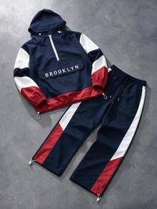 Men's American Vintage Hiking Running Lightweight Sports Set, Blue & Red Color Block, Eye-Catching, Half-Zip Hooded Jacket & Loose Drawstring Wide Leg Pants With Letter Embroidery, 2 Pieces Set, Unisex, Gift For Husband/Boyfriend - Navy Blue - View 8