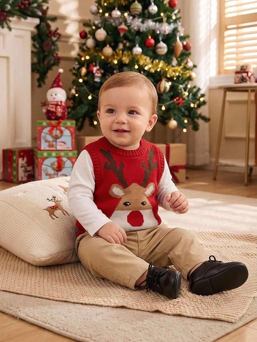 BOARNSEORL Baby Boy Red Knit Vest With Christmas Reindeer Design, Suitable For Holiday Parties And Christmas - Red - View 1