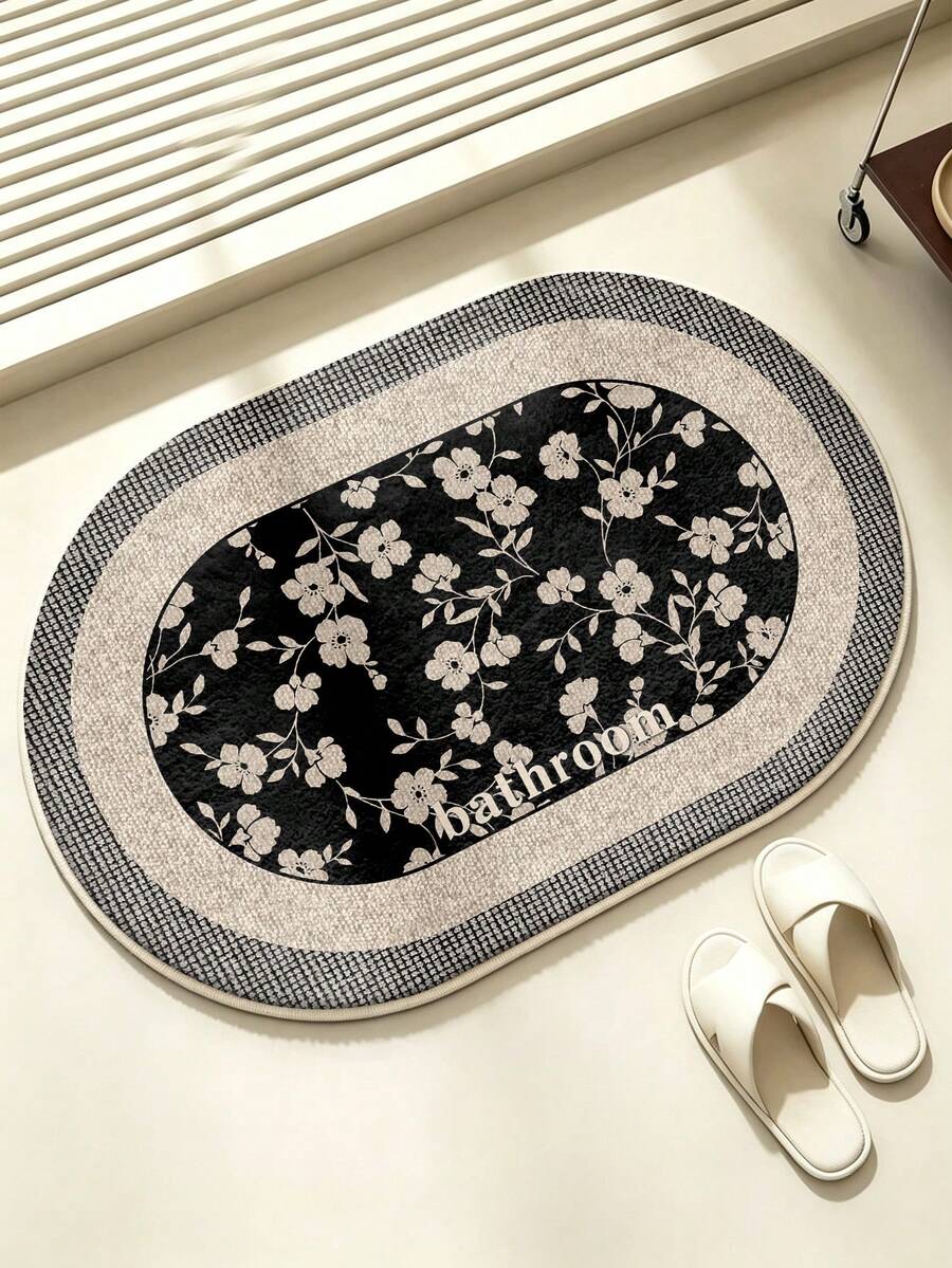 SANJIANGDI 1pc Elegant Floral Pattern Oval Shape Kitchen Mat, 0.6mm Faux Cashmere Material, Soft And Machine Washable, Suitable For Kitchen, Hallway, Bathroom, Living Room, Outdoor Entrance, And Toilet, Usable Year-Round And Adaptable To Various Occasions. - Multicolor - View 1