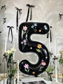 40 Inch Large 0-9 Number Foil Balloon Set, White Lace Decorative Ribbon, DIY Floral Theme Stickers, Suitable For Women's Birthday, Confession, Proposal, Anniversary Party, Wedding, Indoor/Outdoor Holiday Events, Photography Props And More - Black - View 5