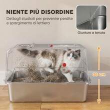 PawHut Lettiera Gatto Chiusa XL in Acciaio Inox con Coperchio, Toilette per Gatti 90L, Gradino Raccogli-lettiera, Paletta, Pareti Alte, Antiperdita, Antiodore, Facile da Pulire, Grigio Chiaro - XL - Visualizzare 5