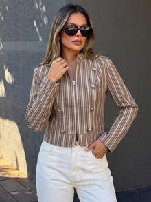 1pc Women's Vintage Striped Stand Collar Short Jacket, Double-Breasted Metal Buttons Military Style Slim Fit Zipper Jacket, Suitable For Daily Store Visits, Shopping, Dating, Light Commute, Autumn Outfit - Light Khaki - View 1
