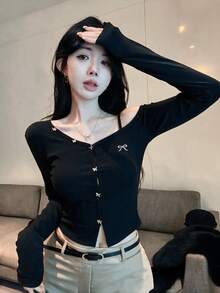 Korean Style Asymmetrical Shoulder Bow Long Sleeve T-Shirt Women Autumn Slim Fit Adjustable Shoulder Strap Asymmetrical Shoulder Top - Black - View 4