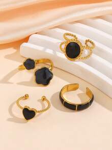 4pcs Stainless Steel 18K Gold Plated Geometric Bamboo, Heart, Flower, Oval Black White Red Drip Oil Open Ring Set. Minimalist Niche Design Suitable For Women's Daily Wear. - Multicolor - View 9