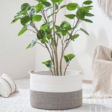 1pc Household Storage Basket For Clothes And Toys – Large Woven Basket For Laundry, Blankets, Pillows, And Toys; Suitable For Kitchen, Living Room, And Laundry Room – Portable, Foldable Rope Basket (White/Grey) - White/Brown - View 3