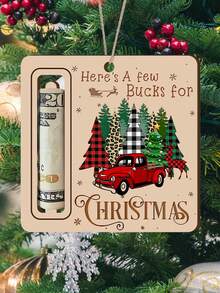 4Pcs Rustic Christmas Printed Wooden Money Holder Ornaments Square Wood Cash Gift Card Hanging Tags With Jute String For Xmas Tree Holiday Gift Decorations - Multicolor - View 4