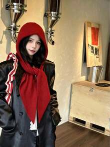 Women's Solid Color Knitted Hooded Scarf, 2-In-1 Hat And Scarf Combo, Warm Head And Neck Protector For Autumn/Winter Casual Wear - Multicolor - View 5