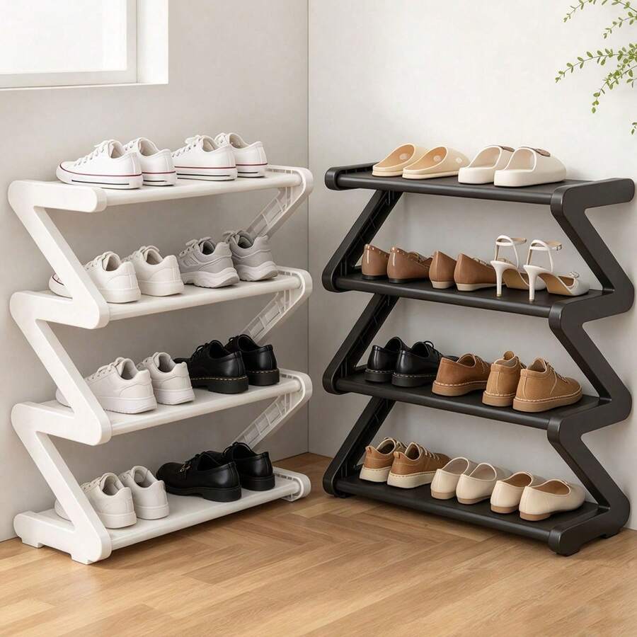 4-Tier Large Z-Shaped Shoe Rack, Easy Assembly Without Tools, Pink Plastic Stackable Storage Rack, Suitable For Home, Dorm And Living Room, Space-Saving Floor Design, Shoe Storage Rack - View 1