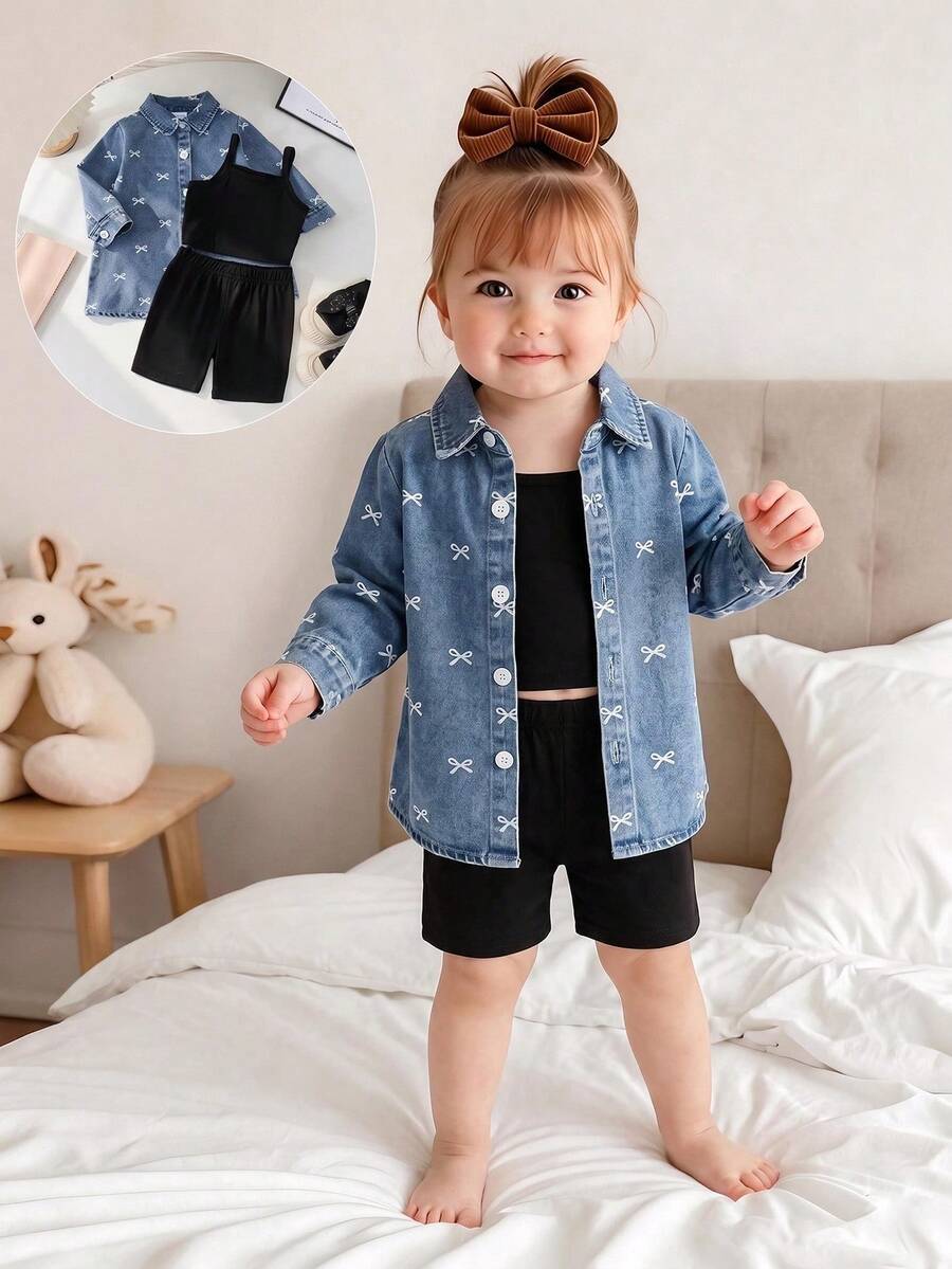3pcs Baby Girl Vintage Casual Printed Long Sleeve Denim Jacket, Black Camisole Top And Shorts Set, Lightweight For Spring And Autumn - Light Wash - View 1
