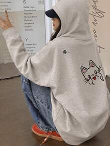 Women's Fashion Autumn/Winter Round Neck Loose Comfortable Casual Cute Cat Print Sweatshirt - Light Gray - View 1