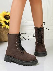 Women's Lace-Up Ankle Boots With Thick Sole And Chunky Heel For Autumn/Winter Daily Commute - Coffee Brown - View 4