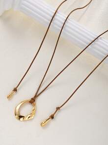 1pc Bohemian Style Brown Rope Exaggerated Asymmetrical Geometric Gold Hollow Large Metal Pendant Adjustable Necklace Lightweight Niche Long Necklace For Women - Gold - View 6